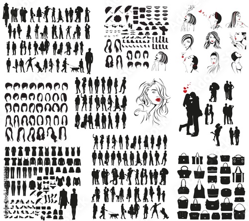 A large set of vector silhouettes of people, women's accessories and other objects