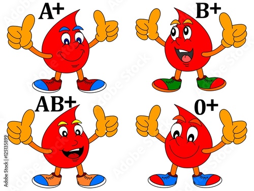 Smiling drop of blood with thumbs-up by blood groups - vector eps