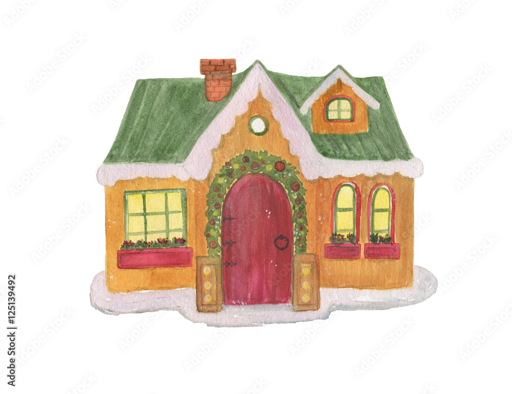 Watercolor painting Santa Claus winter house. Hand drawn Christmas illustration