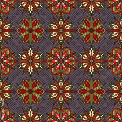 Oriental floral ornament. Seamless pattern of chrysanthemum flower elements in shades of red, green & ivory on dark purple background.