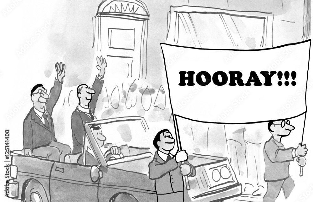 Φωτογραφία Black and white business illustration showing businesspeople celebrating success by holding a parade, 'hooray'