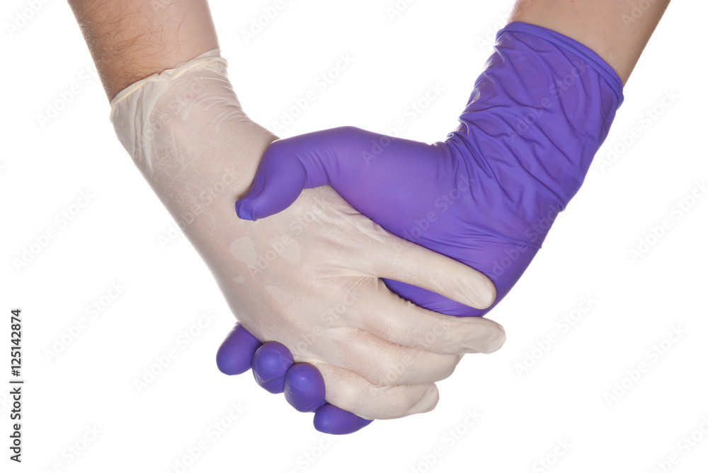 Fototapeta premium Nurse putting on medical glove isolated on white.