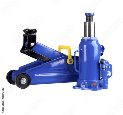 Blue hydraulic floor jack and  Bottle Car