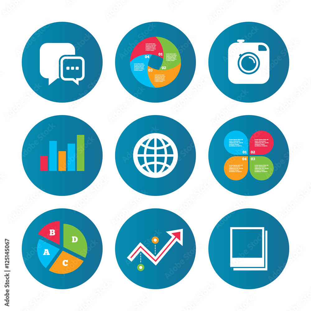 Social media icons. Chat speech bubble and Globe. Social media icons. Chat speech bubble and Globe.