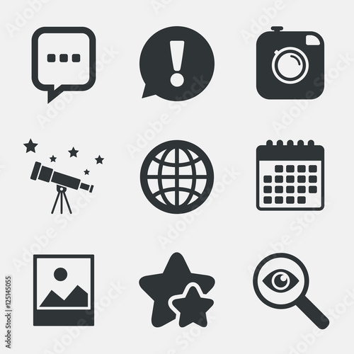 Social media icons. Chat speech bubble and Globe.