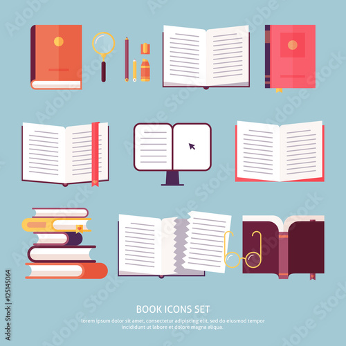 Vector books set icon in flat design style isolated. Icons set includes opened book, stack of books, e-learning, notebook, e-book etc.