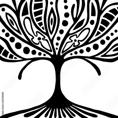 Vector hand drawn illustration, decorative ornamental stylized tree. Black and white graphic illustration isolated on the white background. Inc drawing silhouette. Decorative artistic ornamental wood