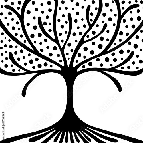 Vector hand drawn illustration, decorative ornamental stylized tree. Black and white graphic illustration isolated on the white background. Inc drawing silhouette. Decorative artistic ornamental wood