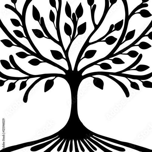 Vector hand drawn illustration, decorative ornamental stylized tree. Black and white graphic illustration isolated on the white background. Inc drawing silhouette. Decorative artistic ornamental wood