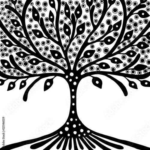 Vector hand drawn illustration, decorative ornamental stylized tree. Black and white graphic illustration isolated on the white background. Inc drawing silhouette. Decorative artistic ornamental wood