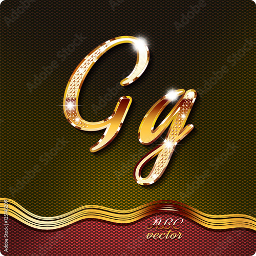 This stylish gold cursive letters. There are inlaid with a capital "G" and the lowercase letter "g". They have shadows and highlights.