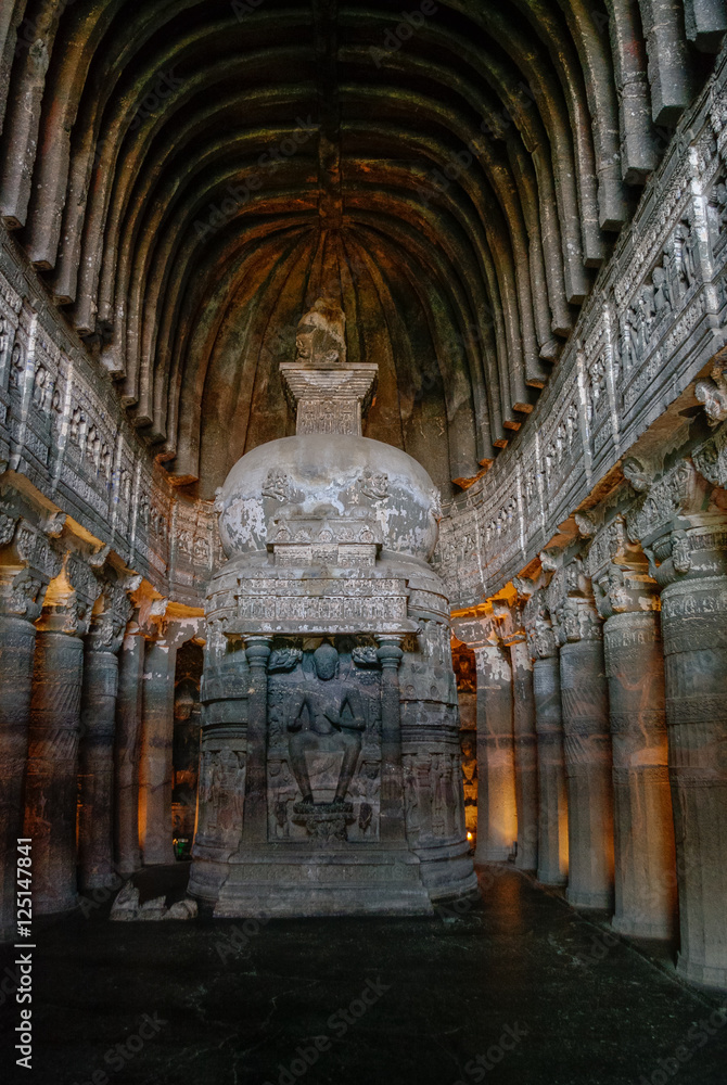 Chaitya-griha or prayer hall in Cave 26. Part of 29 rock-cut Buddhist cave monuments at Ajanta Caves.   Part of UNESCO World Heritage Site.