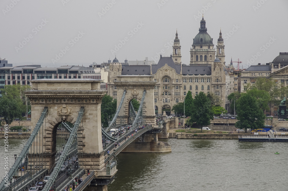 Old Town of Budapest, Hungary. Famous spectacular The Szechenyi Chain Bridge and River Danube view