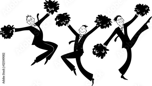 Cartoon businessmen doing cheer-leading routine as a metaphor for team motivation, EPS 8 vector line art, no white objects