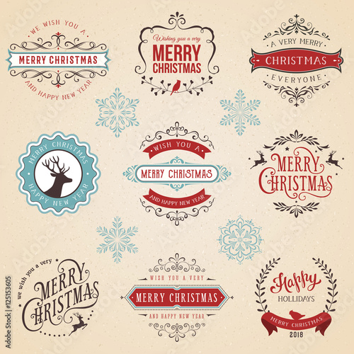 Ornate typographic labels and badges set with Merry Christmas, Happy New Year and Holidays wishes. 