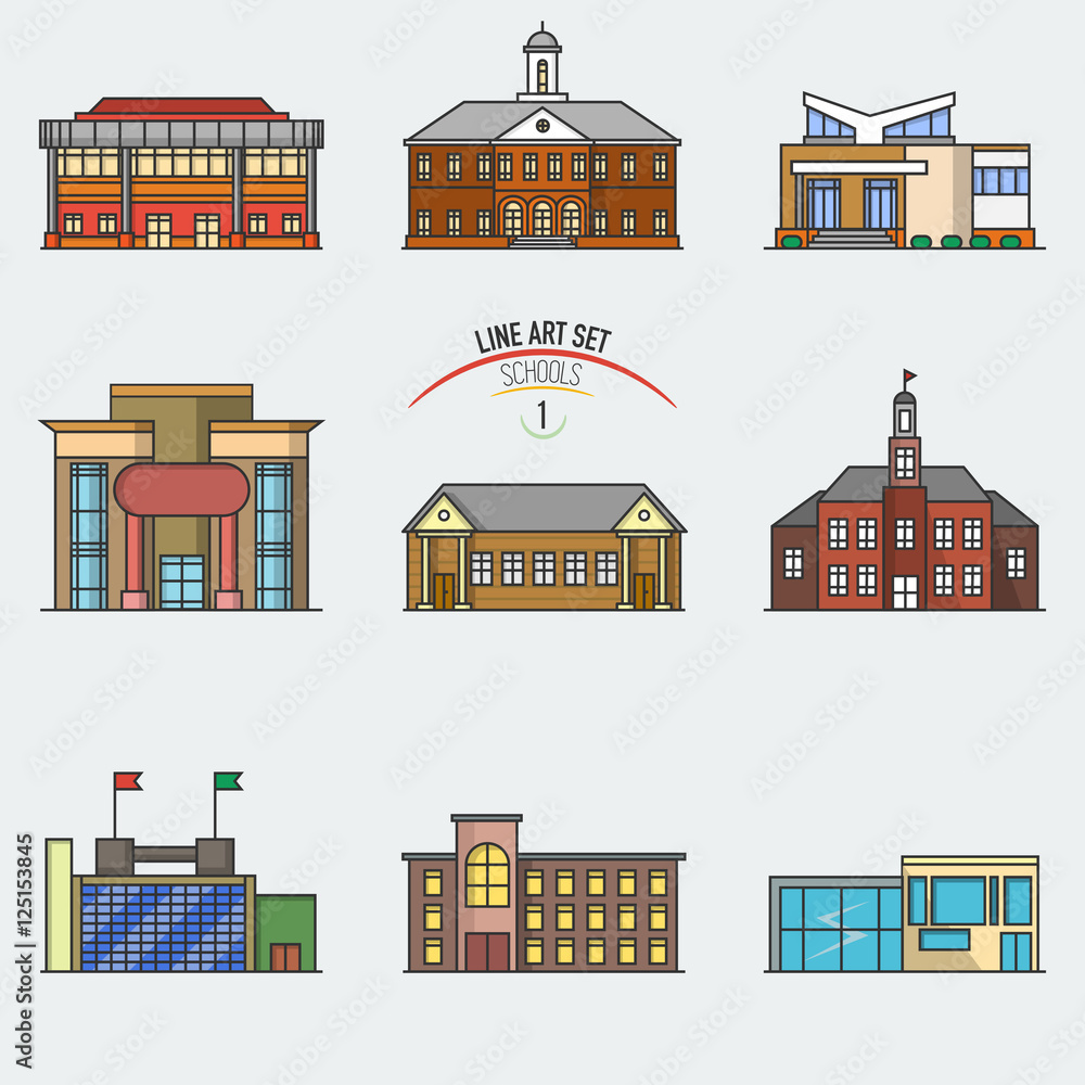 Vector school buildings set in linear style. Line icons collection with buildings of school of different architecture forms isolated.