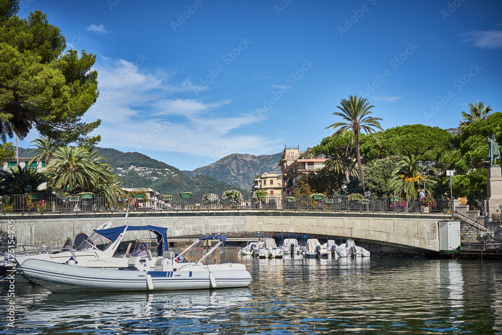Obraz premium Harbor and city of Santa Margherita Ligure in Italy / Travel Location at mediterranean sea 