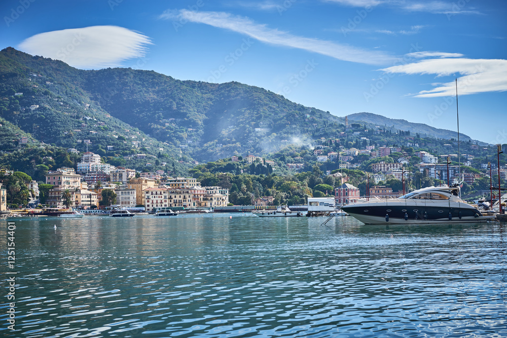 Harbor and city of Santa Margherita Ligure in Italy / Travel Location at mediterranean sea 