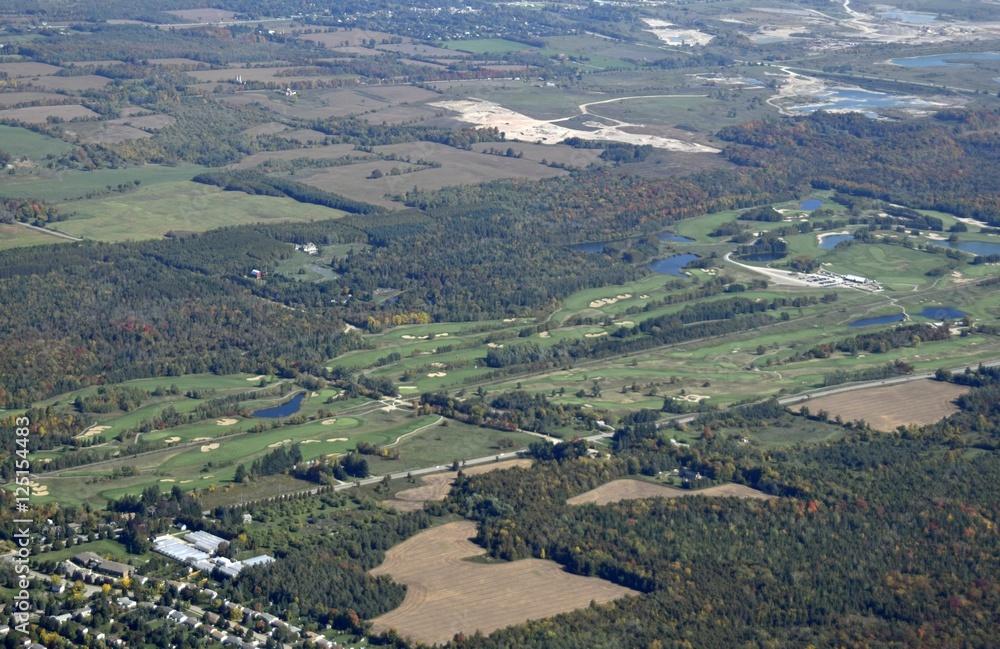 aerial view of a golf course in an rural area near Caledon, Ontario Canada