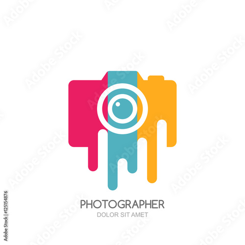 Vector logo, label, emblem design template. Isolated digital photo camera with colorful stripes. Concept for photographer, portfolio, photo album and photo app.