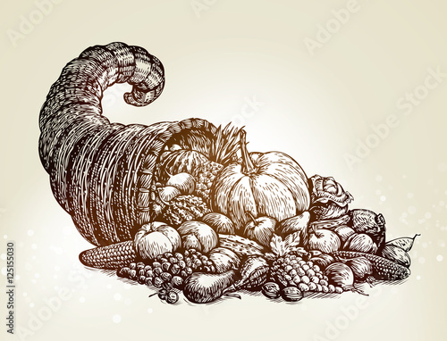 Thanksgiving day. Vintage cornucopia sketch vector illustration photo