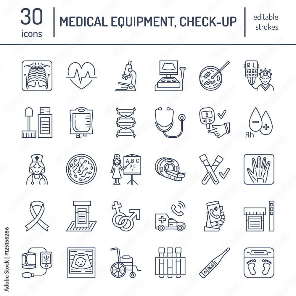 Vector thin line icon of medical equipment, research. Medical check-up, test elements - MRI, xray, glucometer, blood pressure, laboratory. Linear pictogram with editable stroke for clinic, hospital.