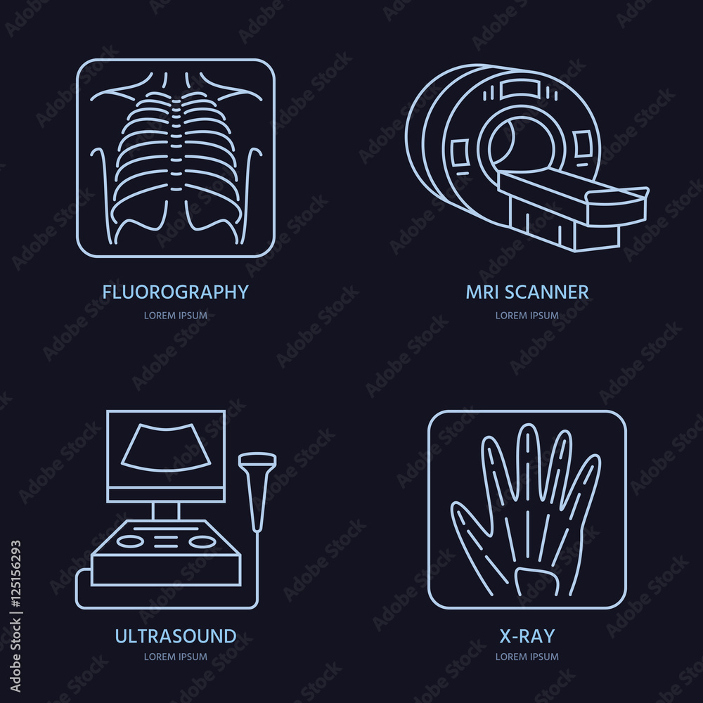 Modern vector line icon of xray, MRI, ultrasound. Medical research