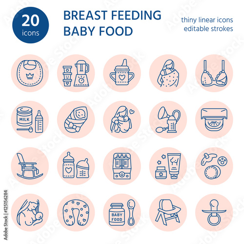 Modern vector line icon of breastfeeding, baby infant food. Motherhood elements - breast pump, woman, child, powdered milk, bottle sterilizer, baby. Motherhood pictogram editable stroke
