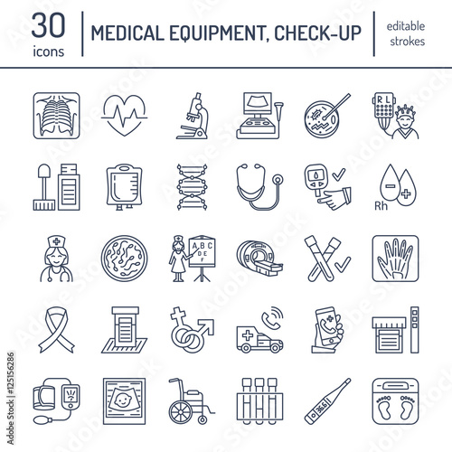 Vector thin line icon of medical equipment  research. Medical check-up  test elements - MRI  xray  glucometer  blood pressure  laboratory. Linear pictogram with editable stroke for clinic  hospital.