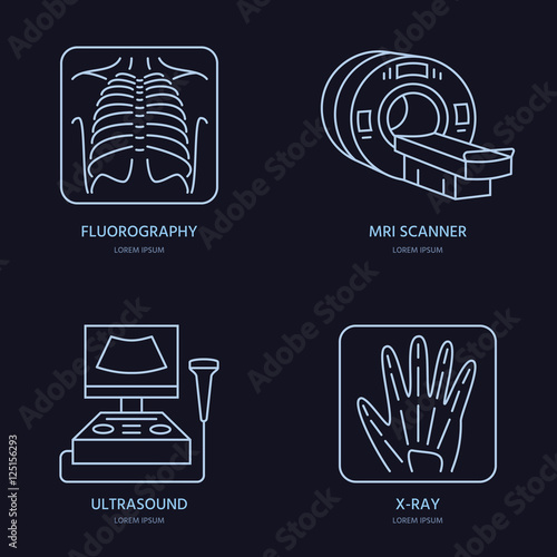 Modern vector line icon of x-ray, MRI, ultrasound. Medical research, clinic linear logo. Outline xray laboratory symbol. Fluorography design element for site, hospital. Lung canser check up, xray sign