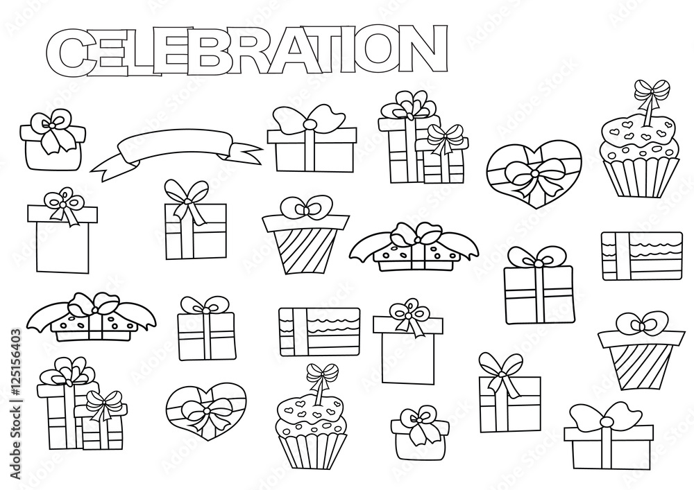 Hand drawn gift boxes set. Coloring book page template with presents. Outline doodle vector illustration. Hand drawn gift boxes set. Coloring book page template with presents. Outline doodle vector illustration.