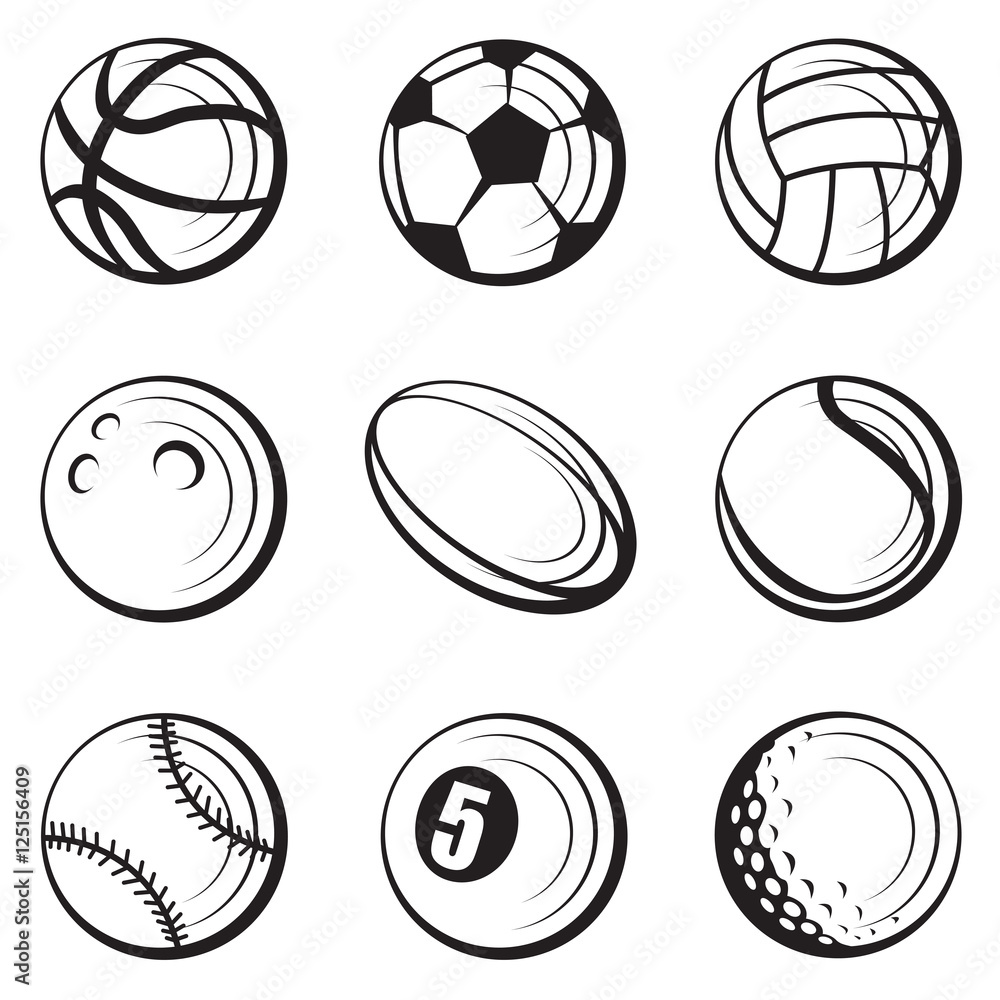 monochrome collection of various sport balls 