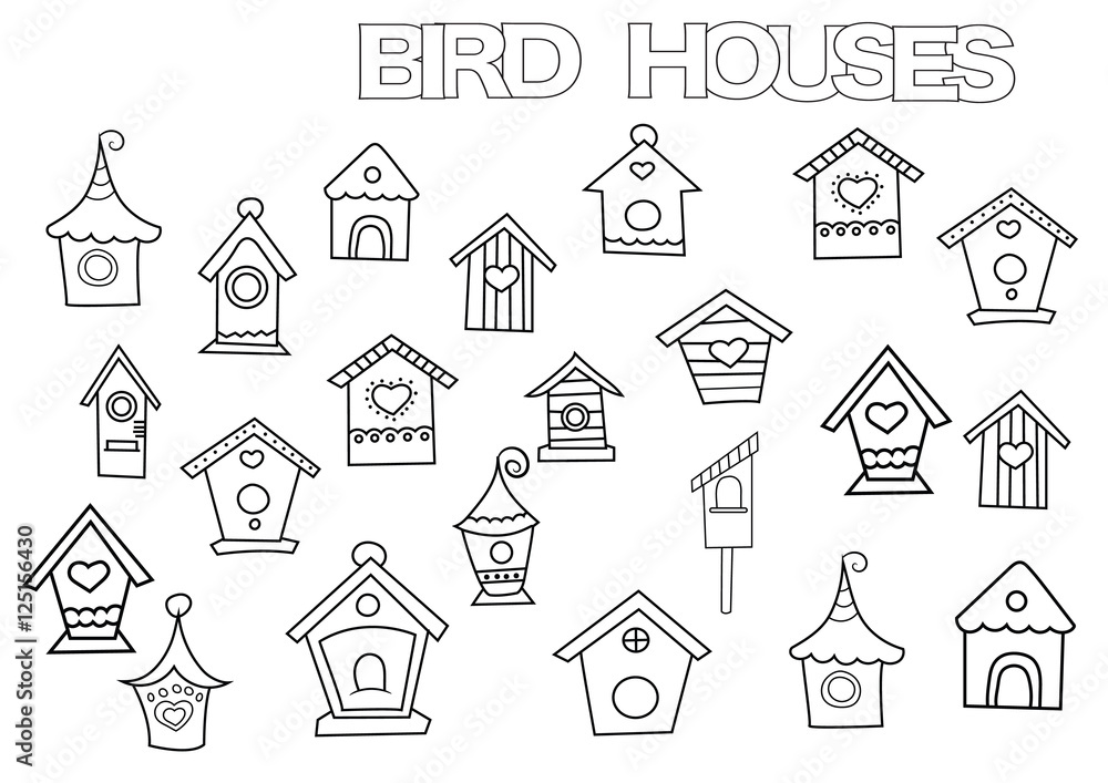Hand drawn bird houses set. Coloring book page template. Outline doodle