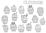 Hand drawn cupcakes set. Coloring book page template.  Outline doodle vector illustration.