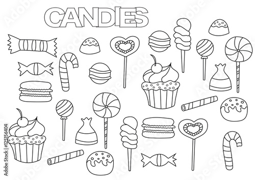 Hand drawn candy bar set. Coloring book page template.  Outline doodle vector illustration.