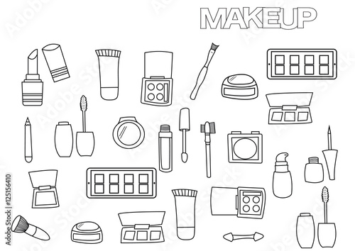 Hand drawn makeup set. Coloring book page template.  Outline doodle vector illustration.