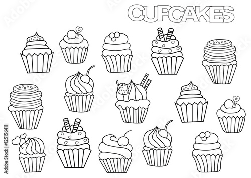 Hand drawn cupcakes set. Coloring book page template.  Outline doodle vector illustration.