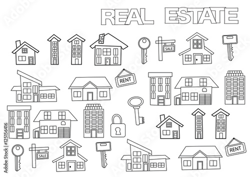 Hand drawn real estate set. Coloring book page template.  Outline doodle vector illustration.