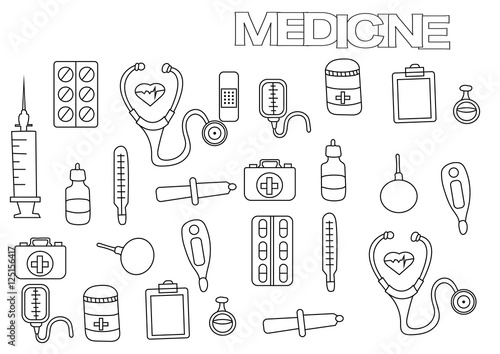 Hand drawn medicine set. Coloring book page template.  Outline doodle vector illustration.