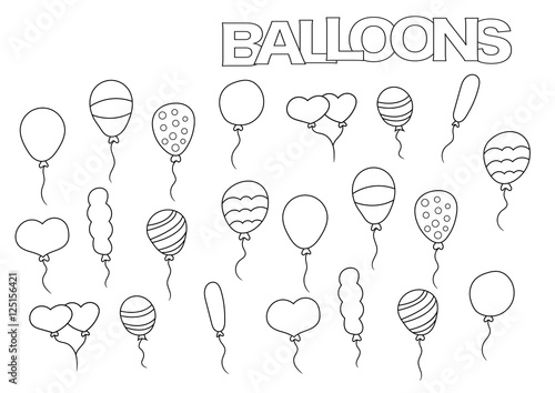 Hand drawn balloons set. Coloring book page template.  Outline doodle vector illustration.