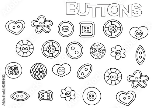 Hand drawn sewing buttons set. Coloring book page template.  Outline doodle vector illustration.
