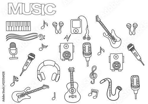 Hand drawn music set. Coloring book page template.  Outline doodle vector illustration.