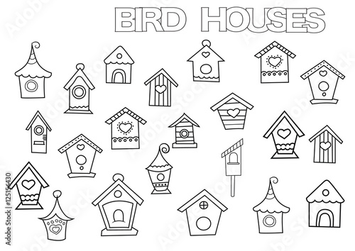 Hand drawn bird houses set. Coloring book page template.  Outline doodle vector illustration.