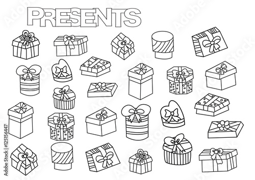 Hand drawn gift boxes set. Coloring book page template with presents. Outline doodle vector illustration.
