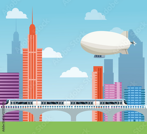 Buildings airship and train icon. Big city architecture and urban theme. Colorful design. Vector illustration