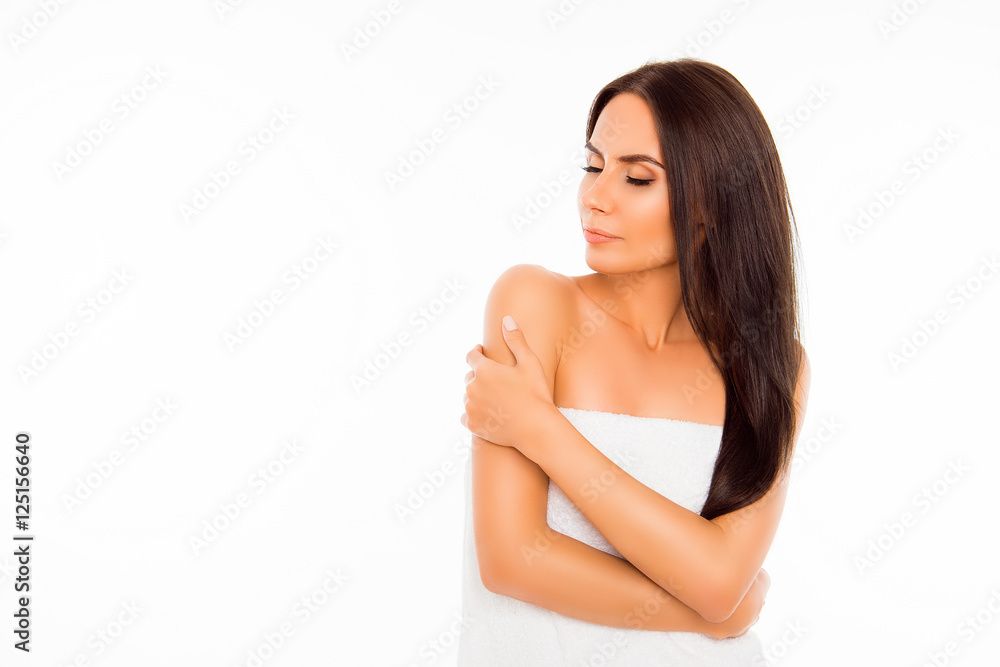 Portrait of sensual young brunette in towel isolated on white ba Portrait of sensual young brunette in towel isolated on white ba