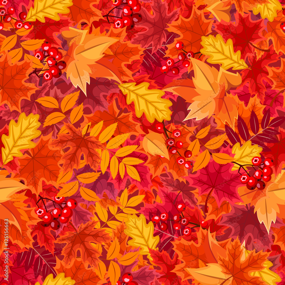 Vector seamless background with red and orange autumn leaves.