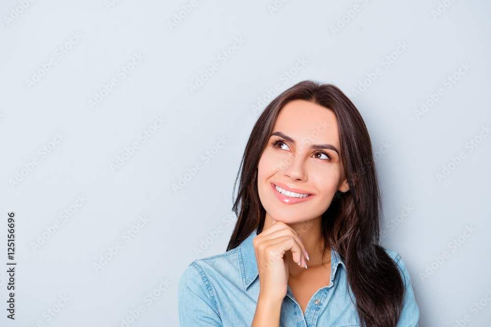 Portrait of attractive minded happy woman dreaming about smth Portrait of attractive minded happy woman dreaming about smth