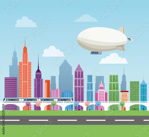 Buildings airship and train icon. Big city architecture and urban theme. Colorful design. Vector illustration