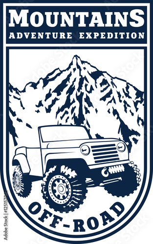 Vector emblem with 4x4 vehicle off-road car and mountains